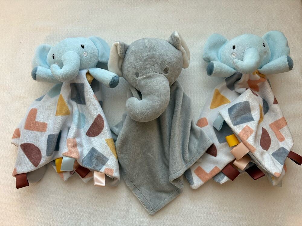 Lot 3 Elephant Lovey Blue Gray Geometric Ribbon Security Parents Choice Lovie